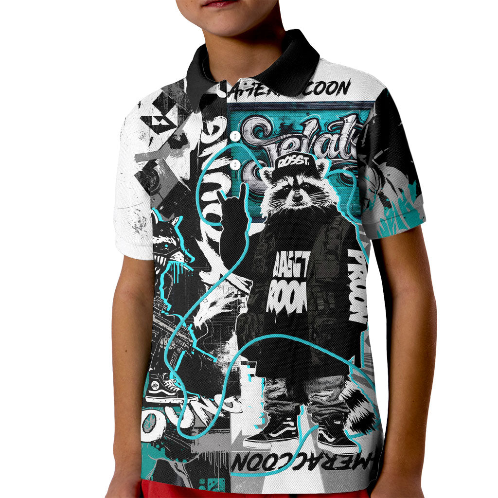 Urban Rebel Raccoon Kid Polo Shirt Grunge Graffiti Street Art Abstract Collage Pop Culture