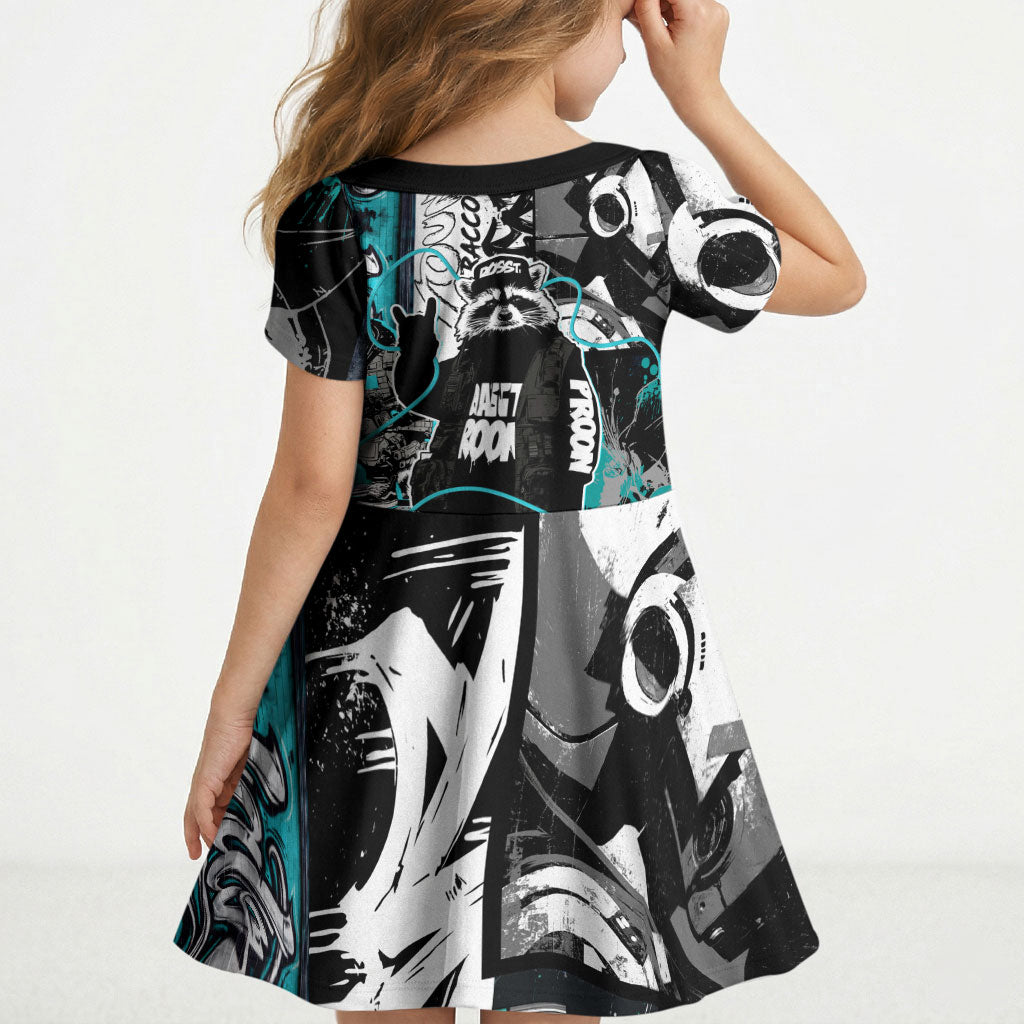 Urban Rebel Raccoon Kid Short Sleeve Dress Grunge Graffiti Street Art Abstract Collage Pop Culture