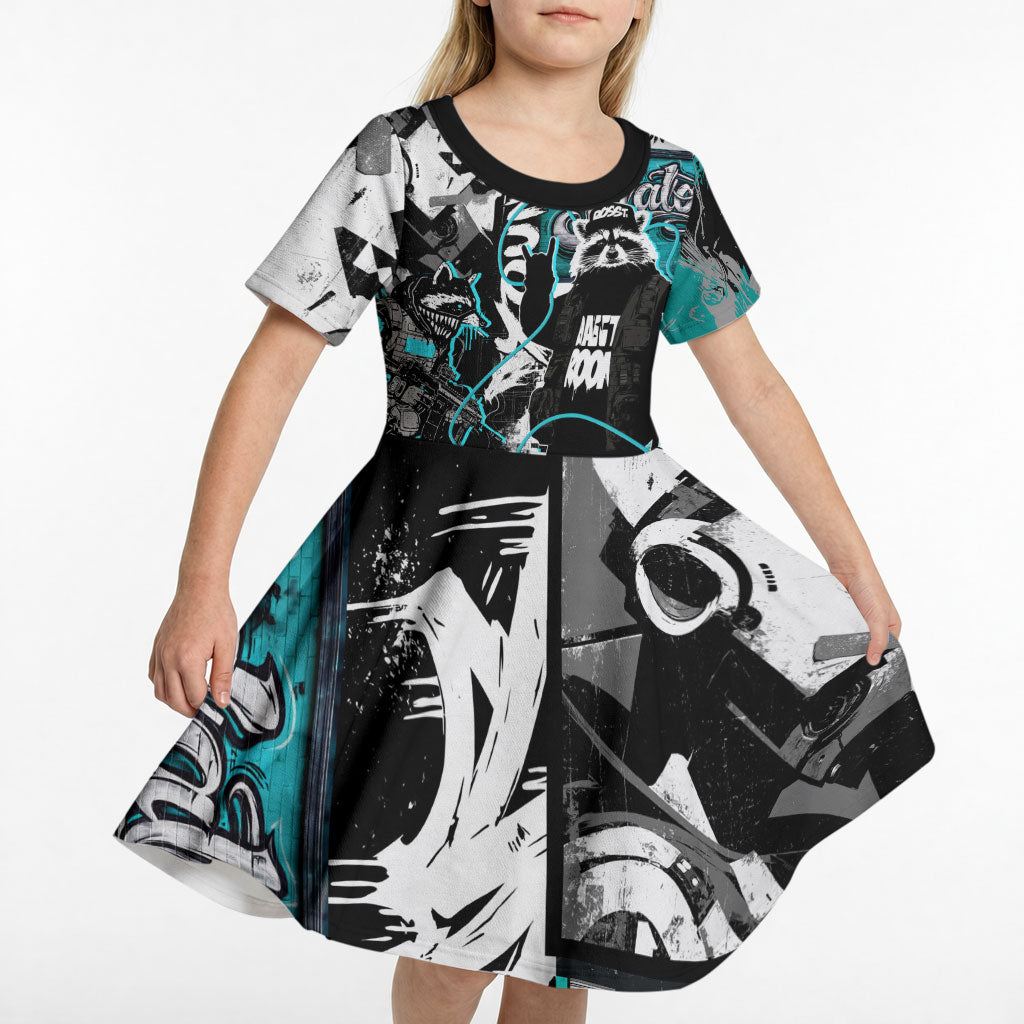 Urban Rebel Raccoon Kid Short Sleeve Dress Grunge Graffiti Street Art Abstract Collage Pop Culture