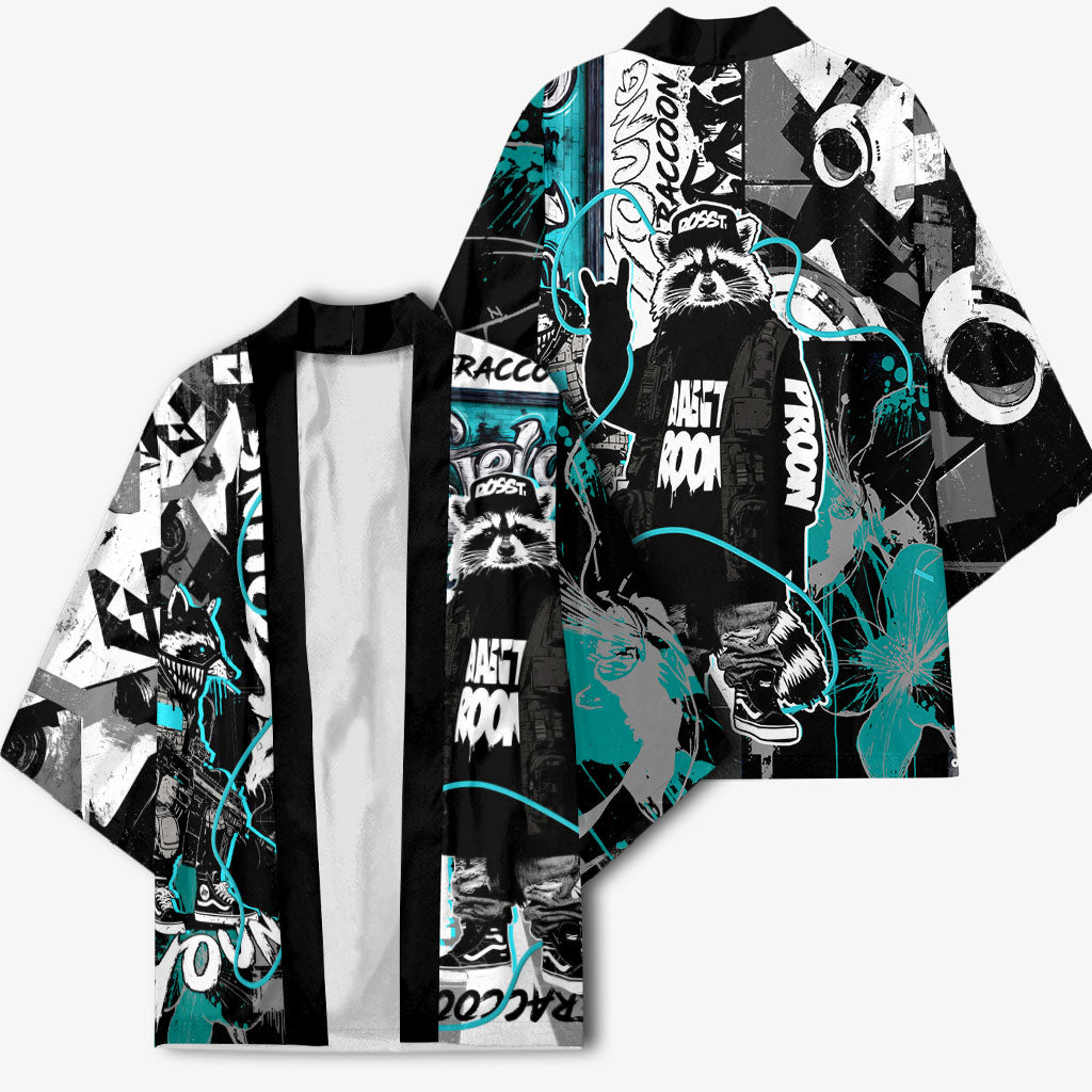 Urban Rebel Raccoon Kimono Grunge Graffiti Street Art Abstract Collage Pop Culture