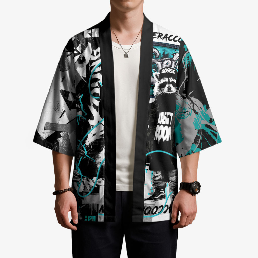 Urban Rebel Raccoon Kimono Grunge Graffiti Street Art Abstract Collage Pop Culture