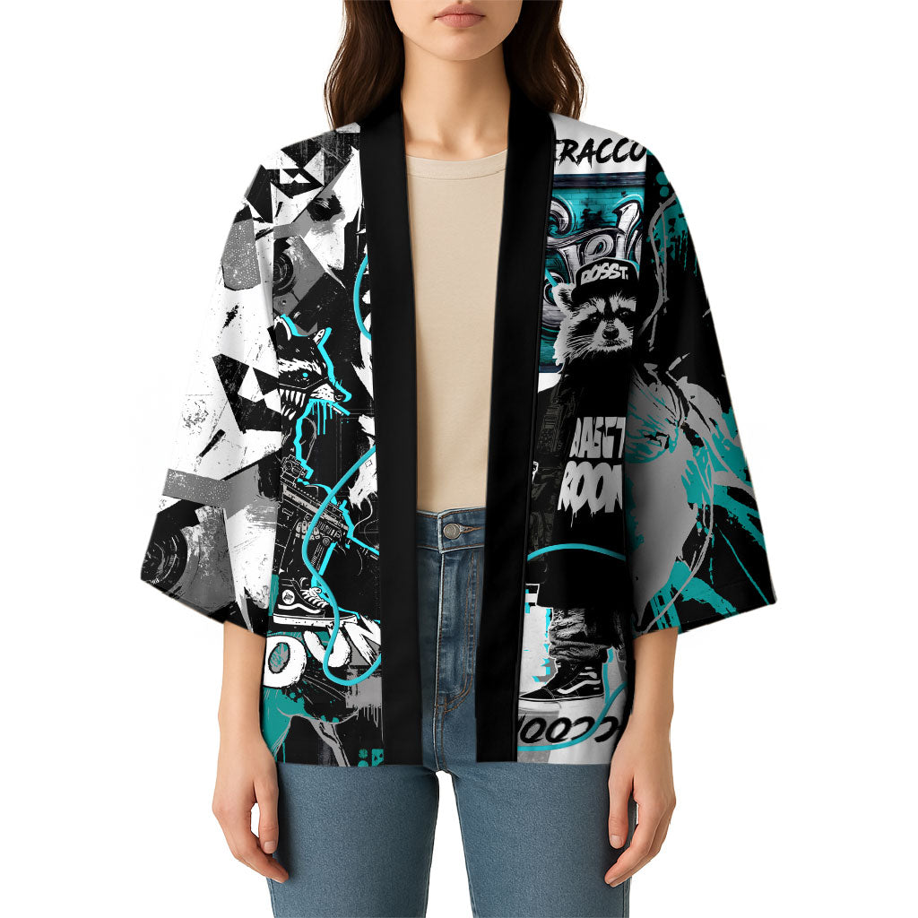 Urban Rebel Raccoon Kimono Grunge Graffiti Street Art Abstract Collage Pop Culture