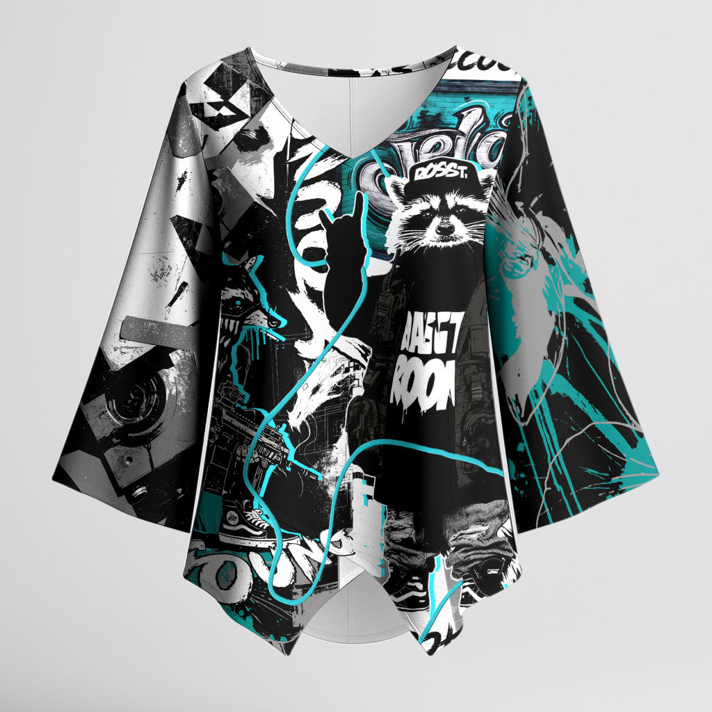 Urban Rebel Raccoon Kimono Sleeve Blouse Grunge Graffiti Street Art Abstract Collage Pop Culture