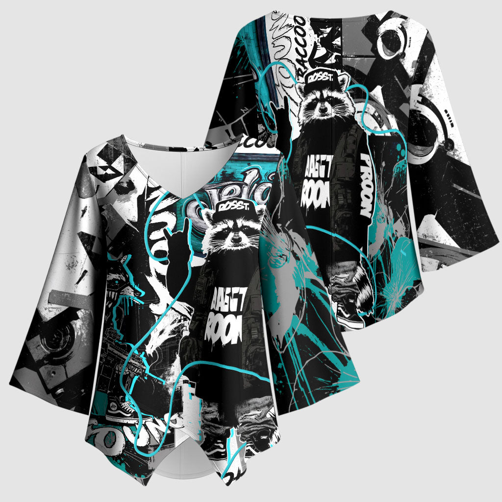 Urban Rebel Raccoon Kimono Sleeve Blouse Grunge Graffiti Street Art Abstract Collage Pop Culture