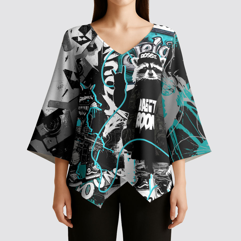 Urban Rebel Raccoon Kimono Sleeve Blouse Grunge Graffiti Street Art Abstract Collage Pop Culture