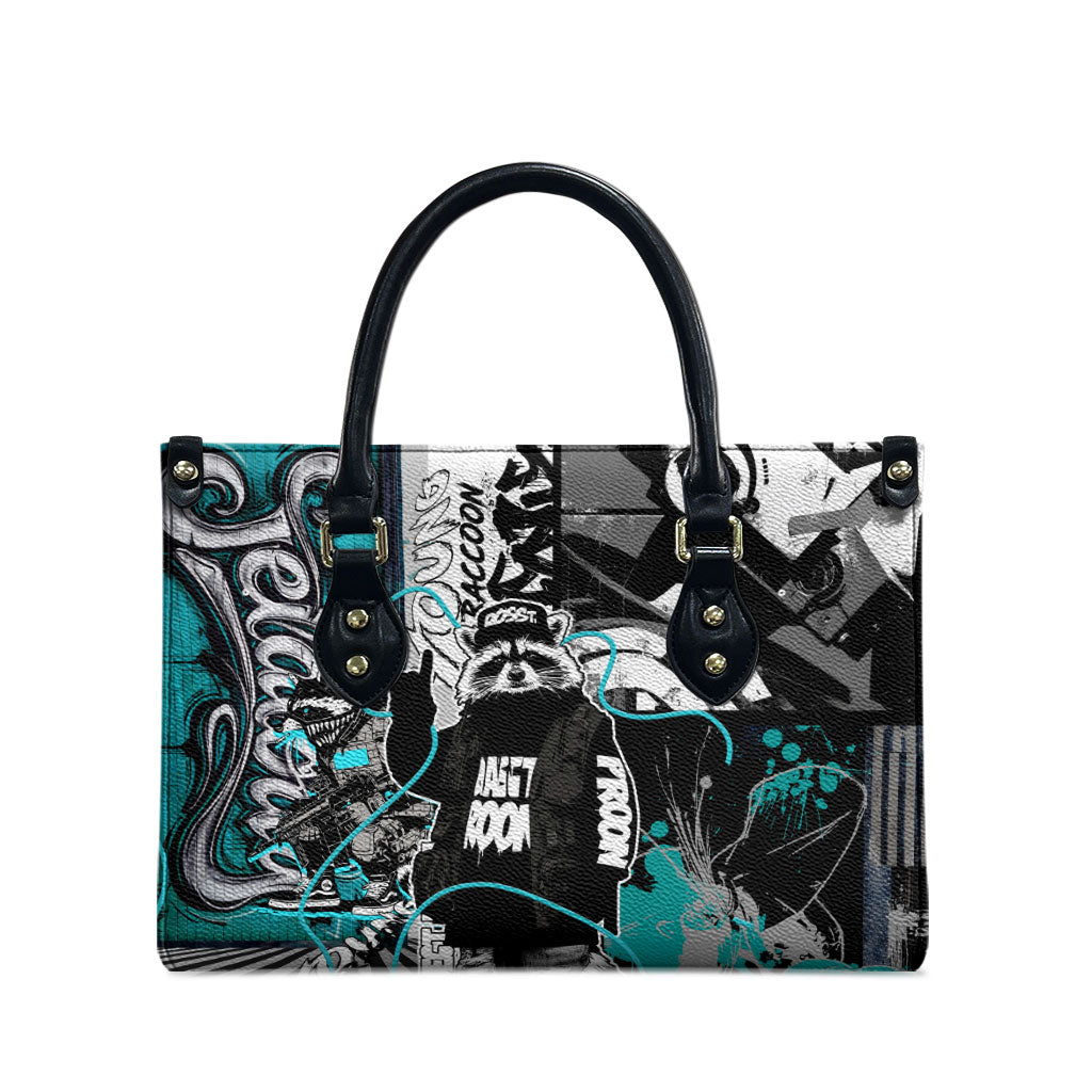 Urban Rebel Raccoon Leather Bag Grunge Graffiti Street Art Abstract Collage Pop Culture