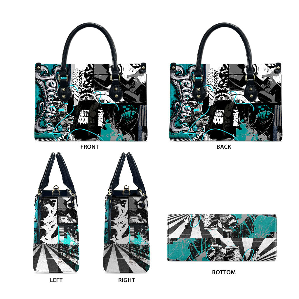 Urban Rebel Raccoon Leather Bag Grunge Graffiti Street Art Abstract Collage Pop Culture