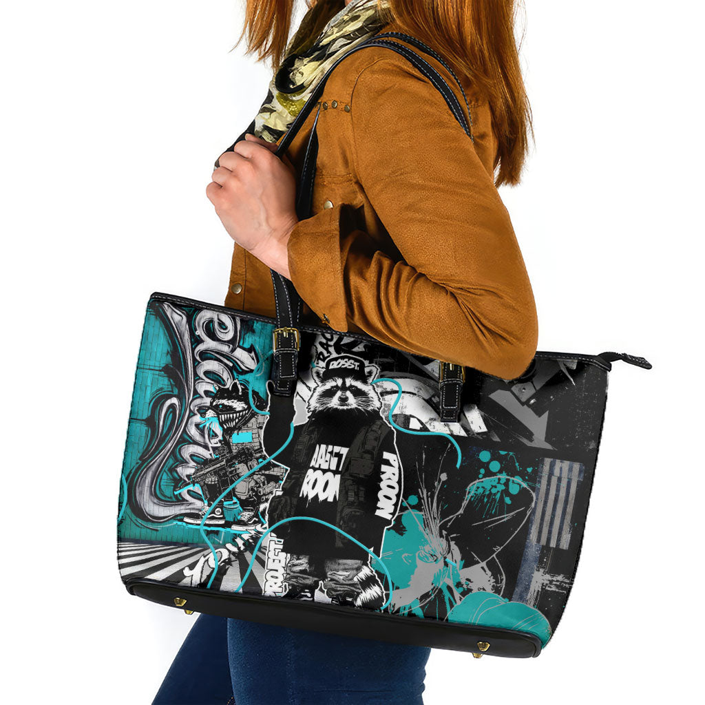 Urban Rebel Raccoon Leather Tote Bag Grunge Graffiti Street Art Abstract Collage Pop Culture