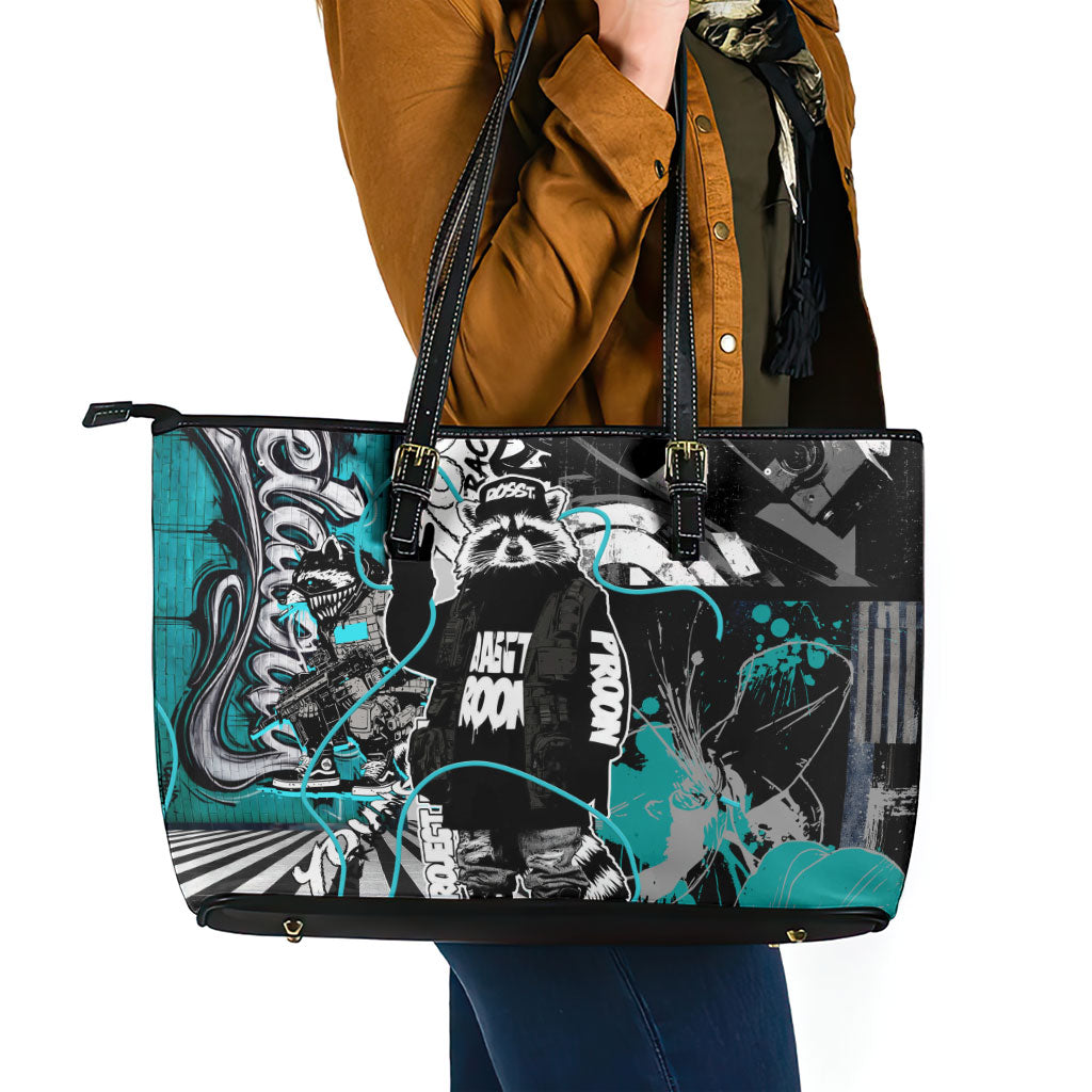 Urban Rebel Raccoon Leather Tote Bag Grunge Graffiti Street Art Abstract Collage Pop Culture