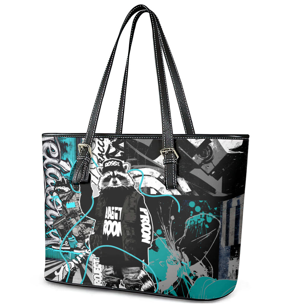 Urban Rebel Raccoon Leather Tote Bag Grunge Graffiti Street Art Abstract Collage Pop Culture