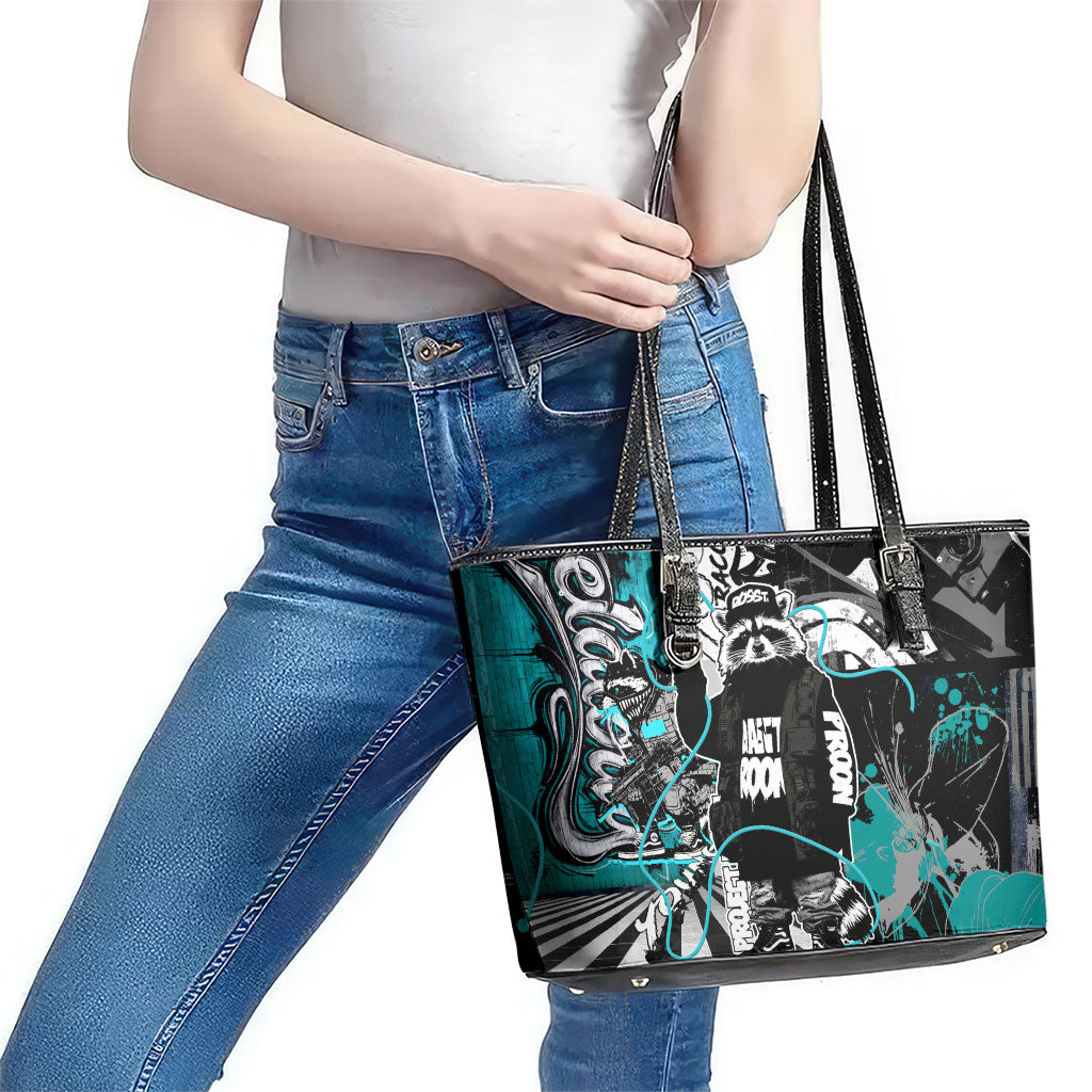 Urban Rebel Raccoon Leather Tote Bag Grunge Graffiti Street Art Abstract Collage Pop Culture