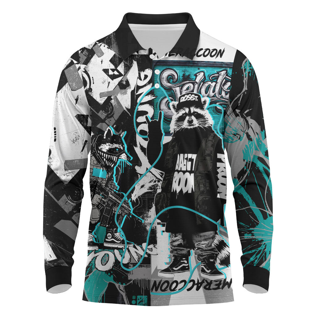 Urban Rebel Raccoon Long Sleeve Polo Shirt Grunge Graffiti Street Art Abstract Collage Pop Culture