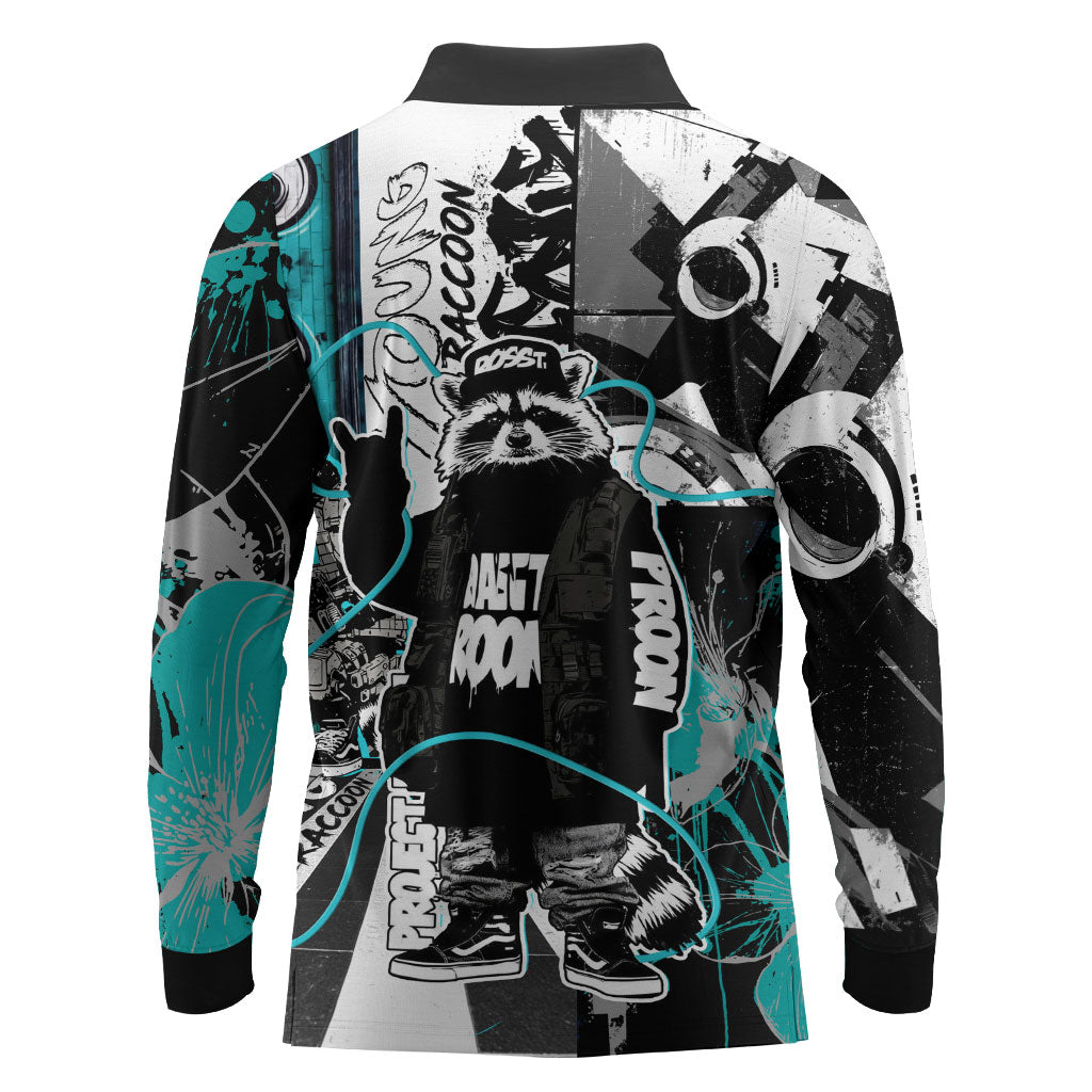 Urban Rebel Raccoon Long Sleeve Polo Shirt Grunge Graffiti Street Art Abstract Collage Pop Culture