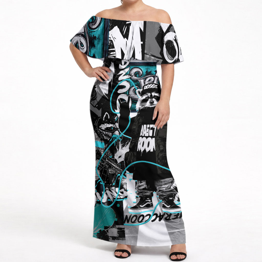 Urban Rebel Raccoon Off Shoulder Maxi Dress Grunge Graffiti Street Art Abstract Collage Pop Culture