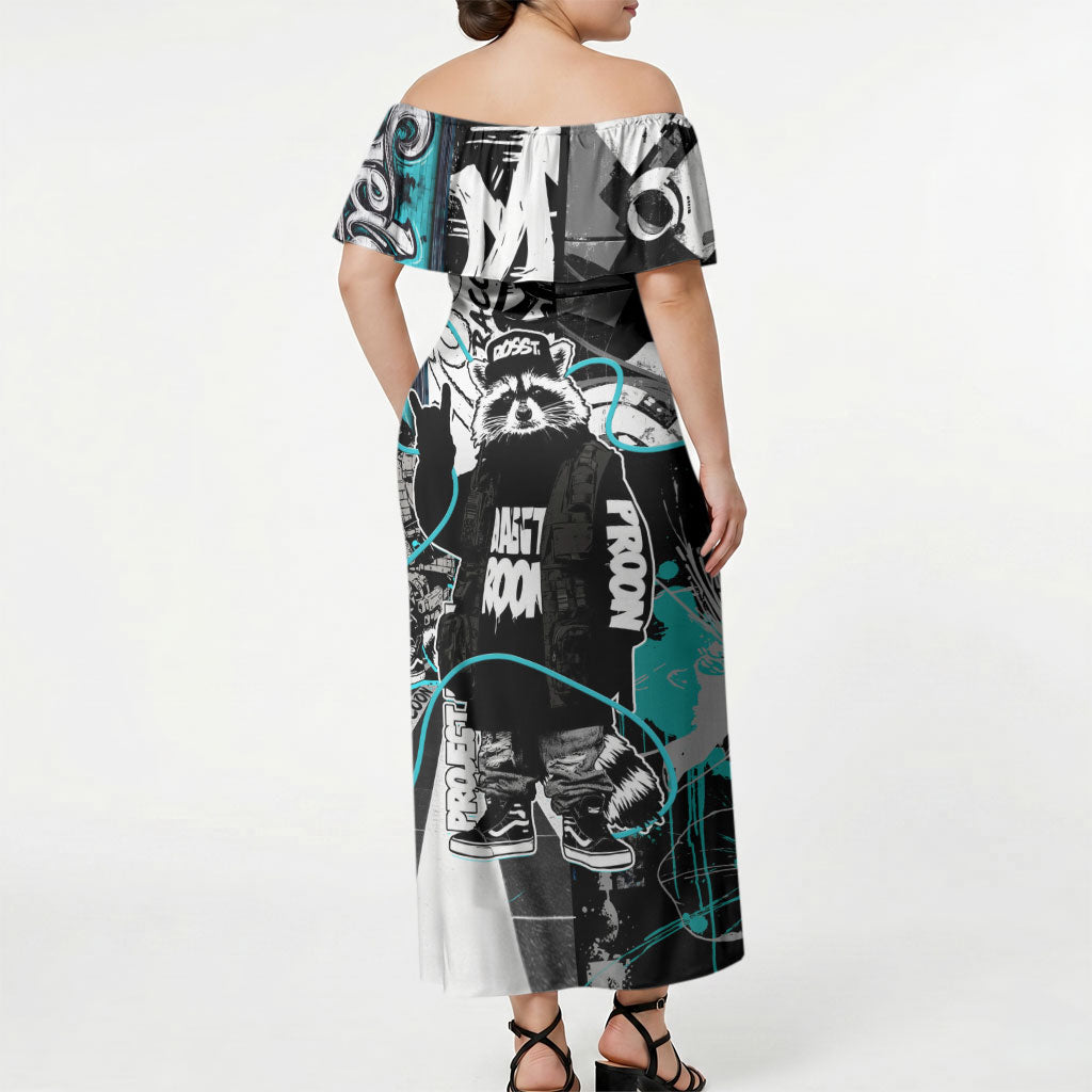 Urban Rebel Raccoon Off Shoulder Maxi Dress Grunge Graffiti Street Art Abstract Collage Pop Culture