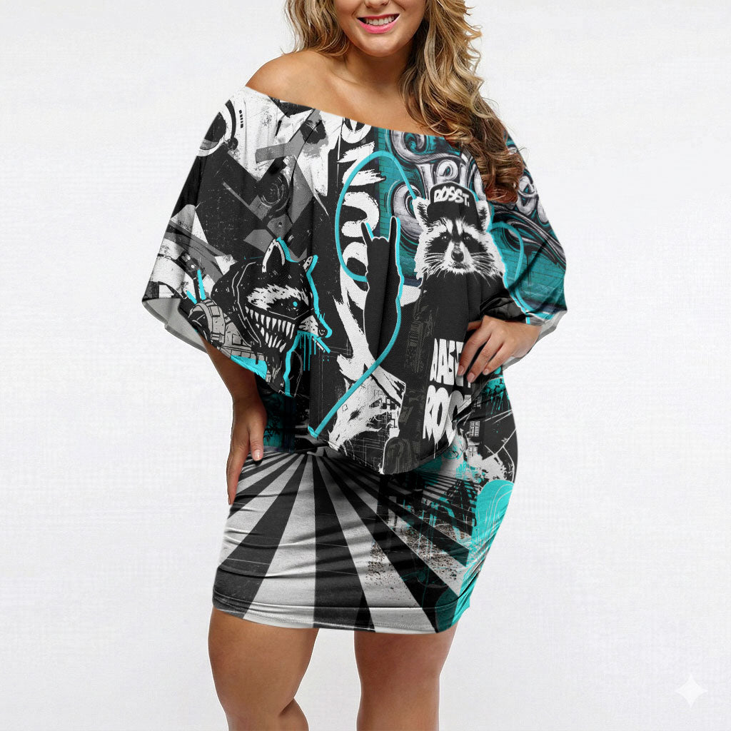 Urban Rebel Raccoon Off Shoulder Short Dress Grunge Graffiti Street Art Abstract Collage Pop Culture