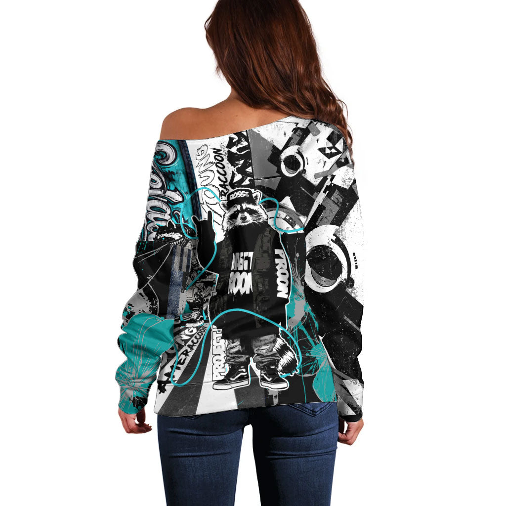 Urban Rebel Raccoon Off Shoulder Sweater Grunge Graffiti Street Art Abstract Collage Pop Culture