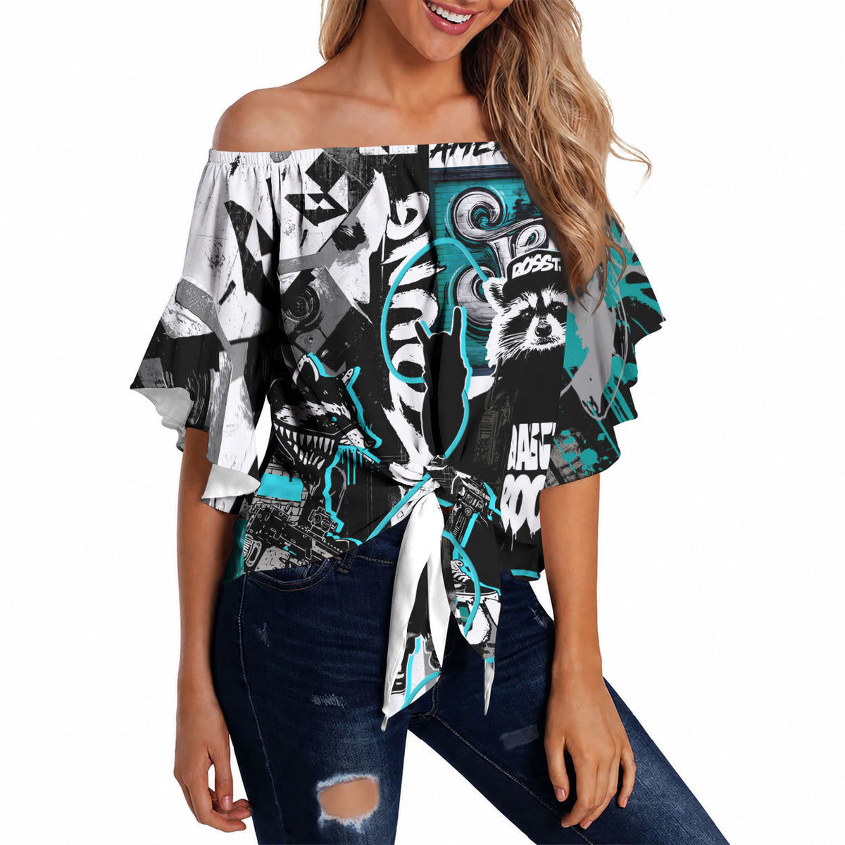 Urban Rebel Raccoon Off Shoulder Wrap Waist Top Grunge Graffiti Street Art Abstract Collage Pop Culture