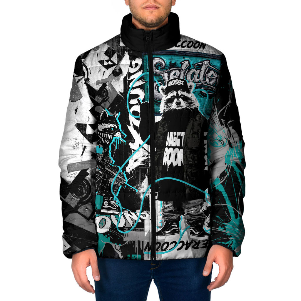 Urban Rebel Raccoon Padded Jacket Grunge Graffiti Street Art Abstract Collage Pop Culture