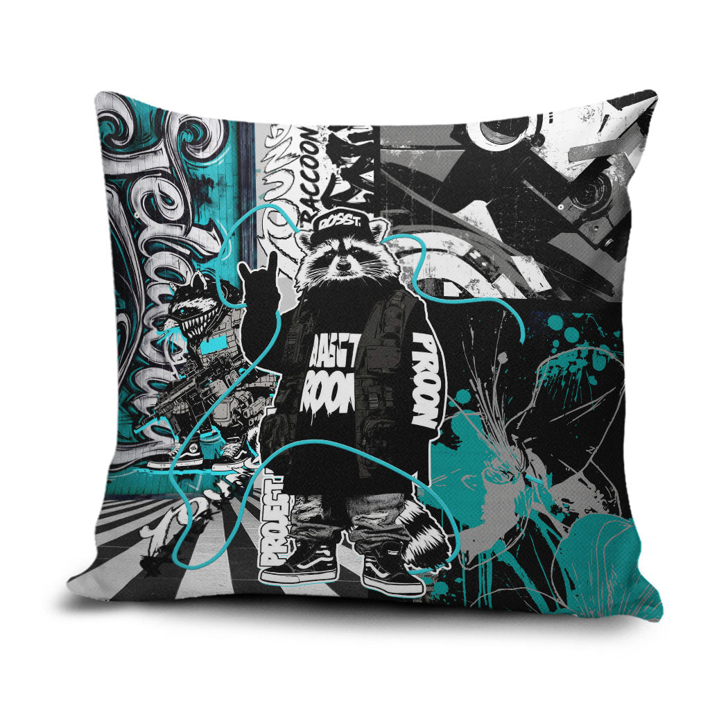 Urban Rebel Raccoon Pillow Cover Grunge Graffiti Street Art Abstract Collage Pop Culture