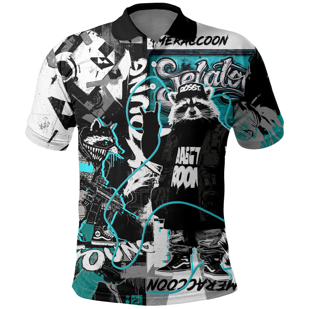 Urban Rebel Raccoon Polo Shirt Grunge Graffiti Street Art Abstract Collage Pop Culture
