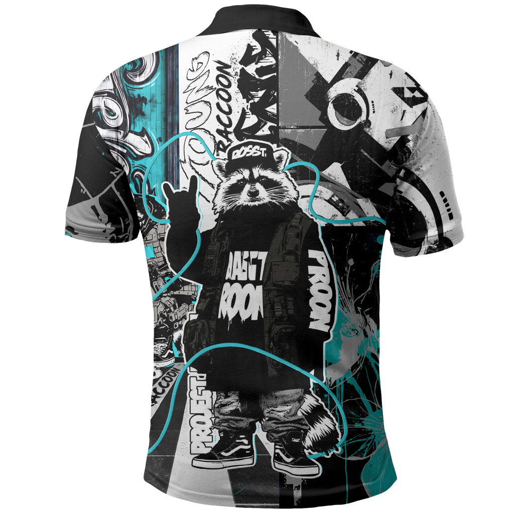 Urban Rebel Raccoon Polo Shirt Grunge Graffiti Street Art Abstract Collage Pop Culture