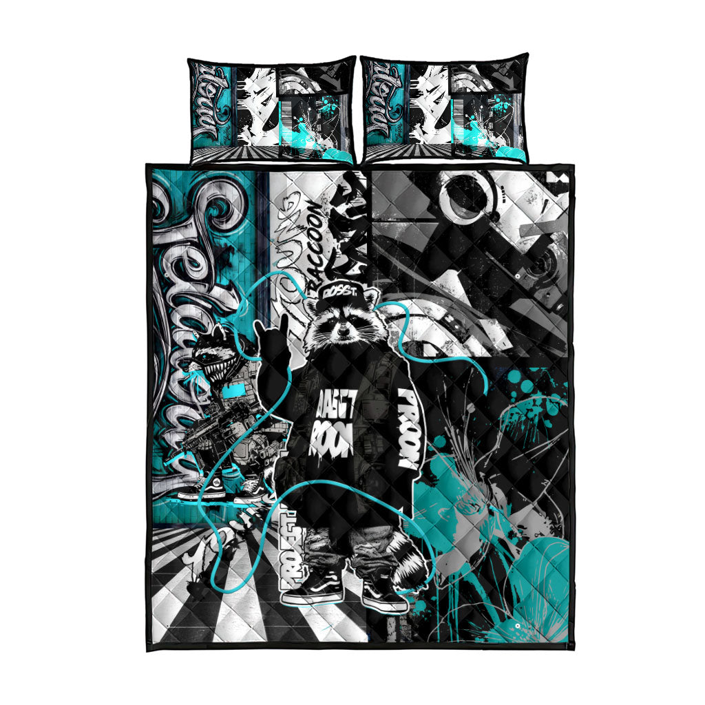 Urban Rebel Raccoon Quilt Bed Set Grunge Graffiti Street Art Abstract Collage Pop Culture