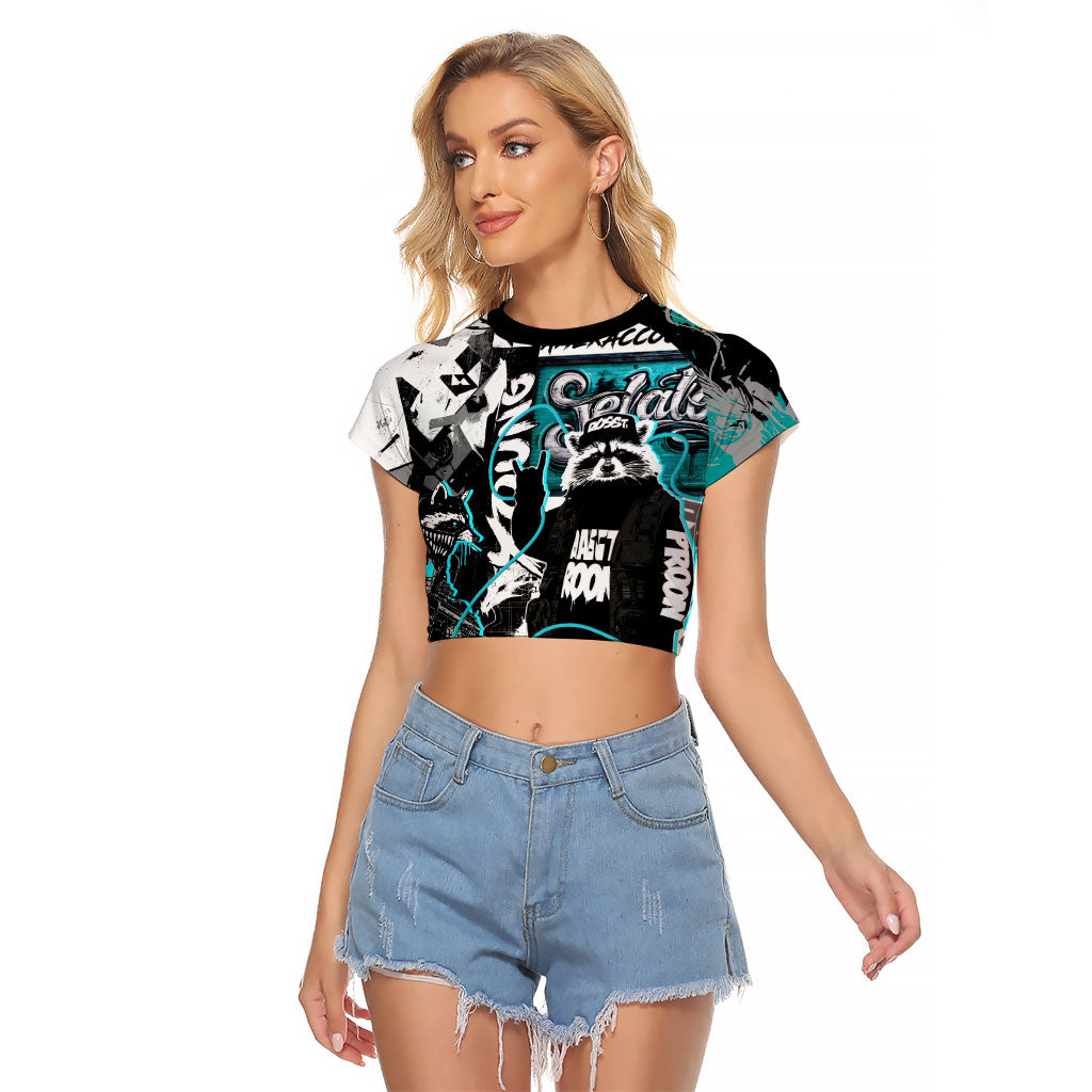 Urban Rebel Raccoon Raglan Cropped T Shirt Grunge Graffiti Street Art Abstract Collage Pop Culture