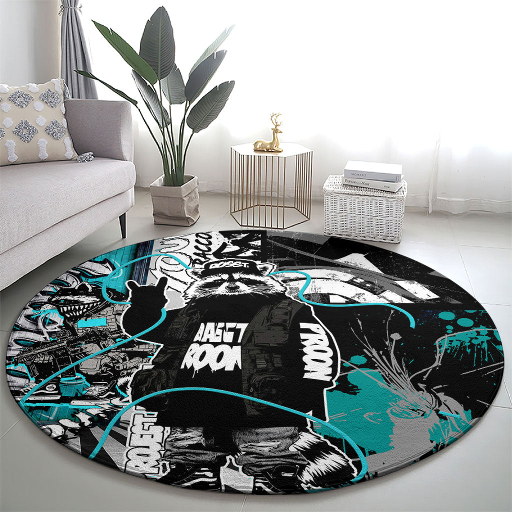 Urban Rebel Raccoon Round Carpet Grunge Graffiti Street Art Abstract Collage Pop Culture