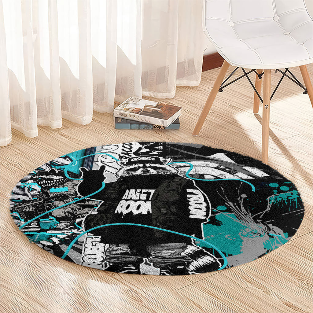 Urban Rebel Raccoon Round Carpet Grunge Graffiti Street Art Abstract Collage Pop Culture