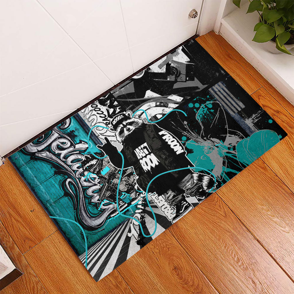 Urban Rebel Raccoon Rubber Doormat Grunge Graffiti Street Art Abstract Collage Pop Culture