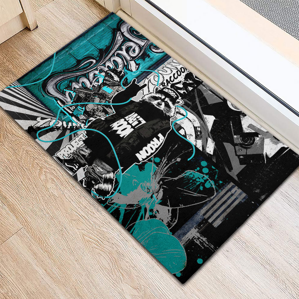 Urban Rebel Raccoon Rubber Doormat Grunge Graffiti Street Art Abstract Collage Pop Culture