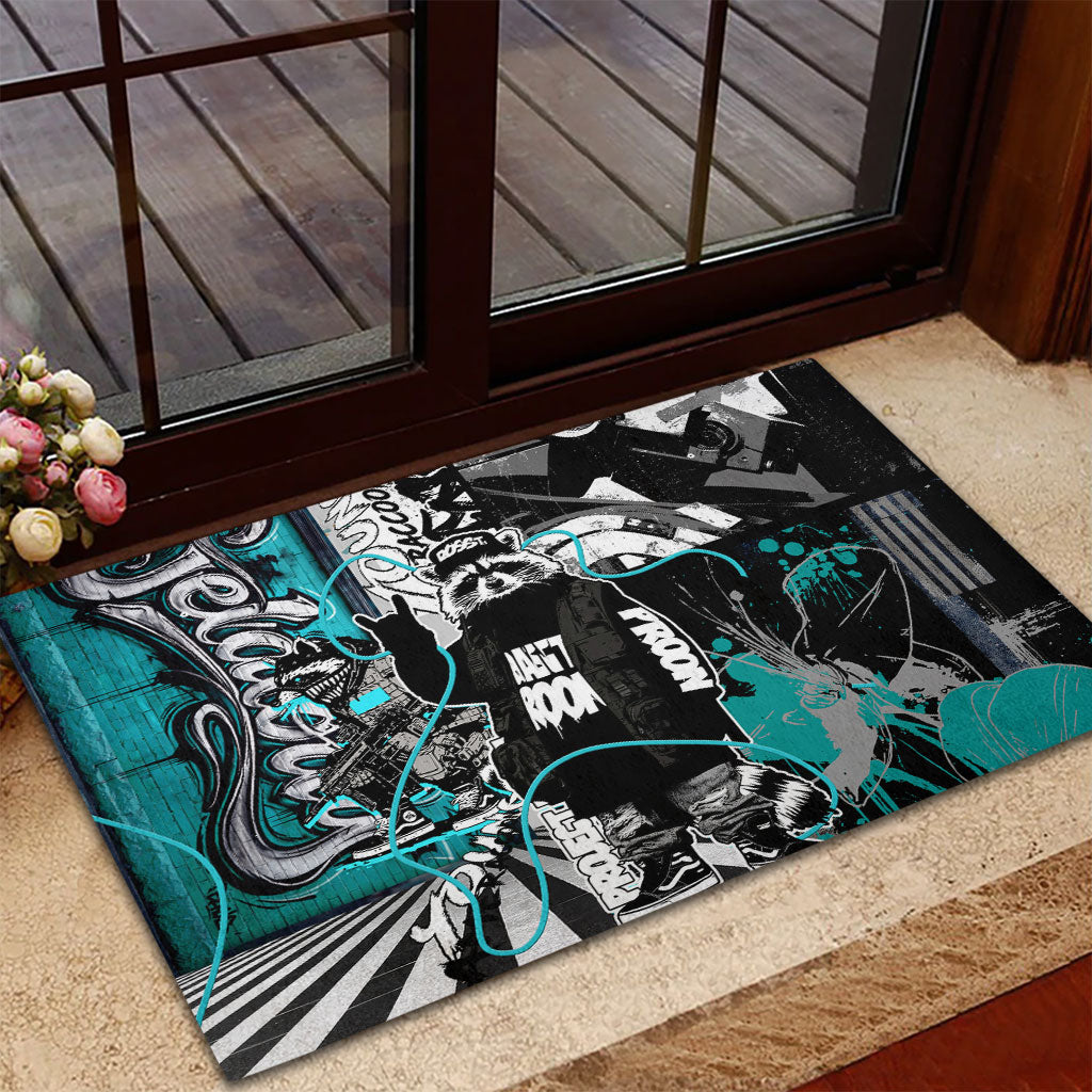 Urban Rebel Raccoon Rubber Doormat Grunge Graffiti Street Art Abstract Collage Pop Culture