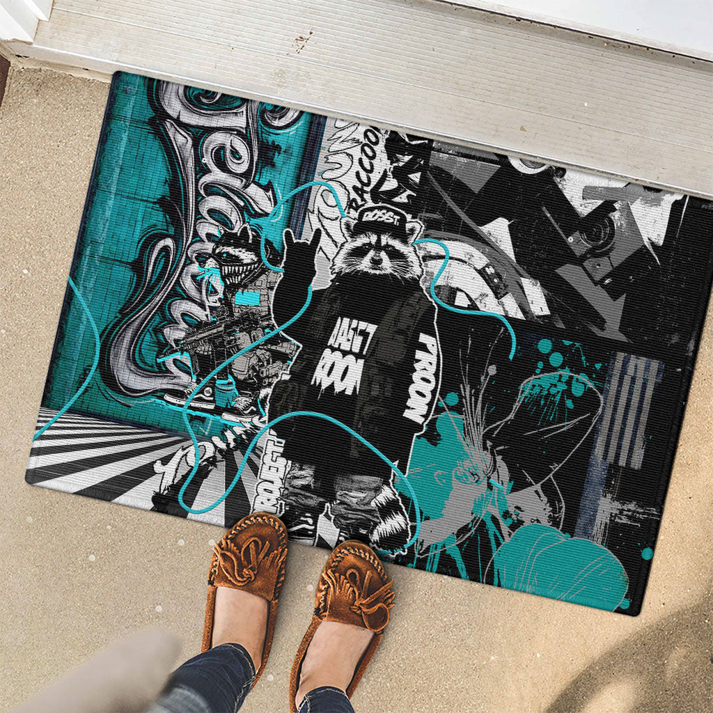 Urban Rebel Raccoon Rubber Doormat Grunge Graffiti Street Art Abstract Collage Pop Culture