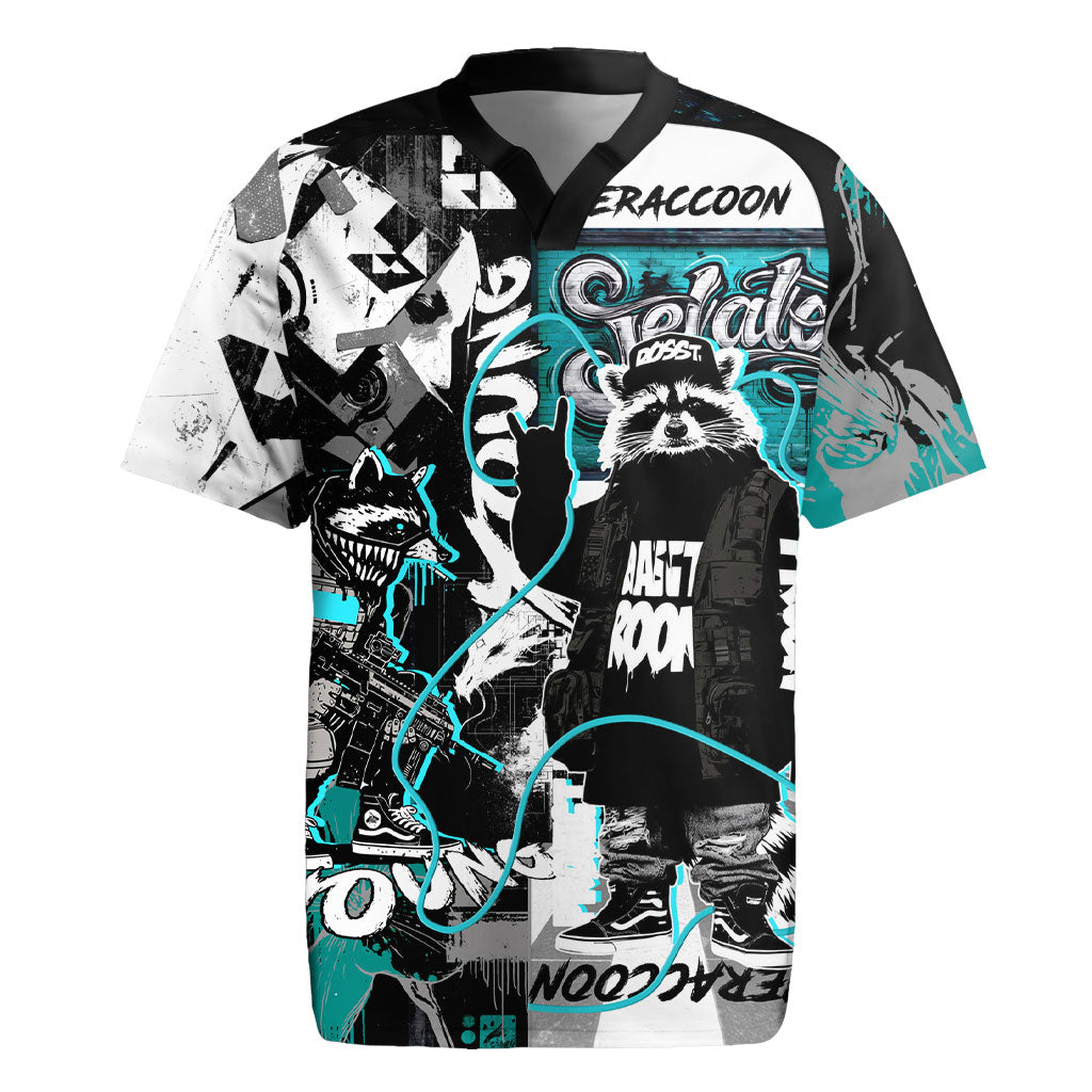Urban Rebel Raccoon Rugby Jersey Grunge Graffiti Street Art Abstract Collage Pop Culture