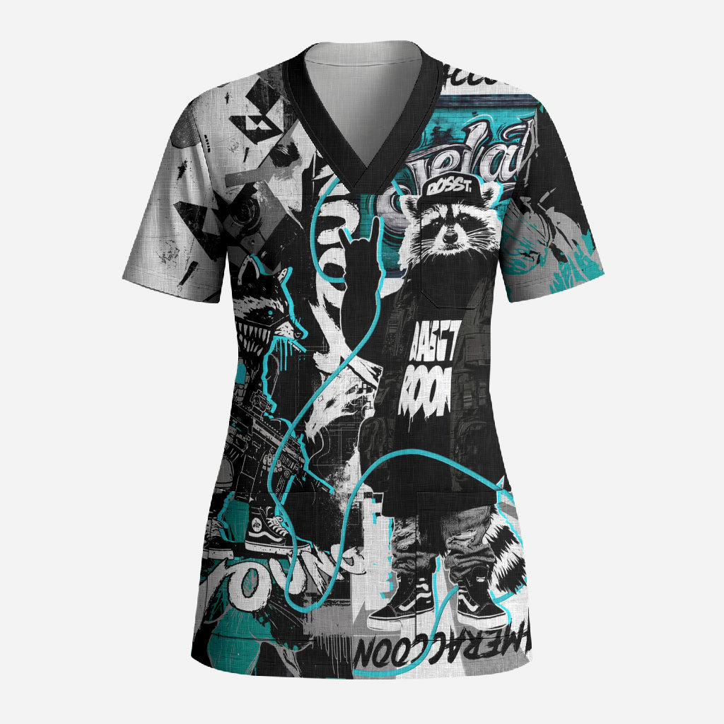 Urban Rebel Raccoon Scrub Top Grunge Graffiti Street Art Abstract Collage Pop Culture