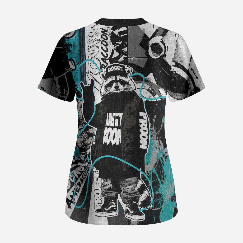 Urban Rebel Raccoon Scrub Top Grunge Graffiti Street Art Abstract Collage Pop Culture