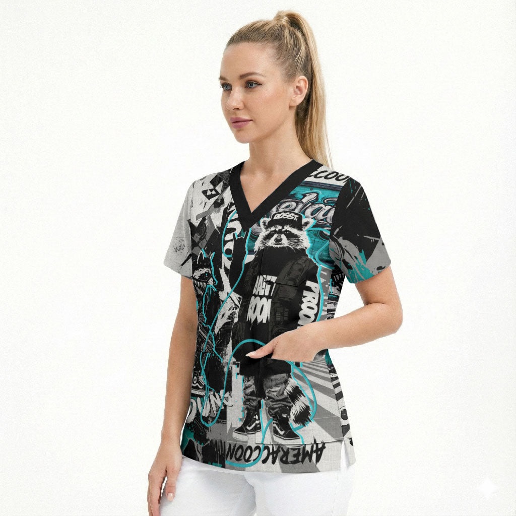Urban Rebel Raccoon Scrub Top Grunge Graffiti Street Art Abstract Collage Pop Culture