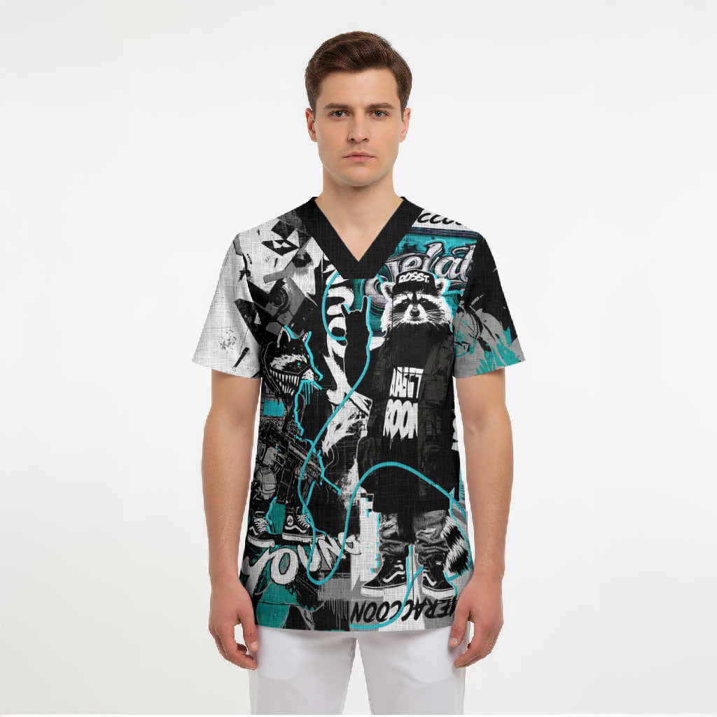 Urban Rebel Raccoon Scrub Top Grunge Graffiti Street Art Abstract Collage Pop Culture