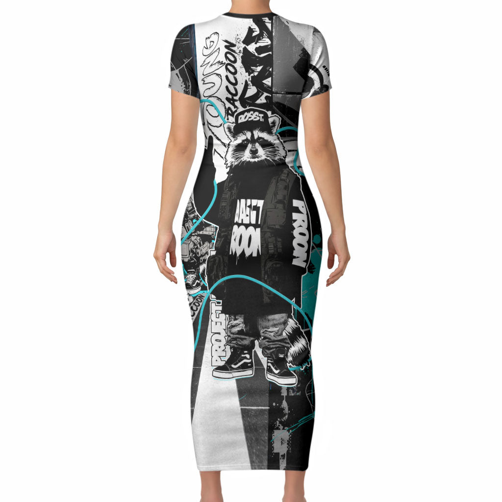 Urban Rebel Raccoon Short Sleeve Bodycon Dress Grunge Graffiti Street Art Abstract Collage Pop Culture