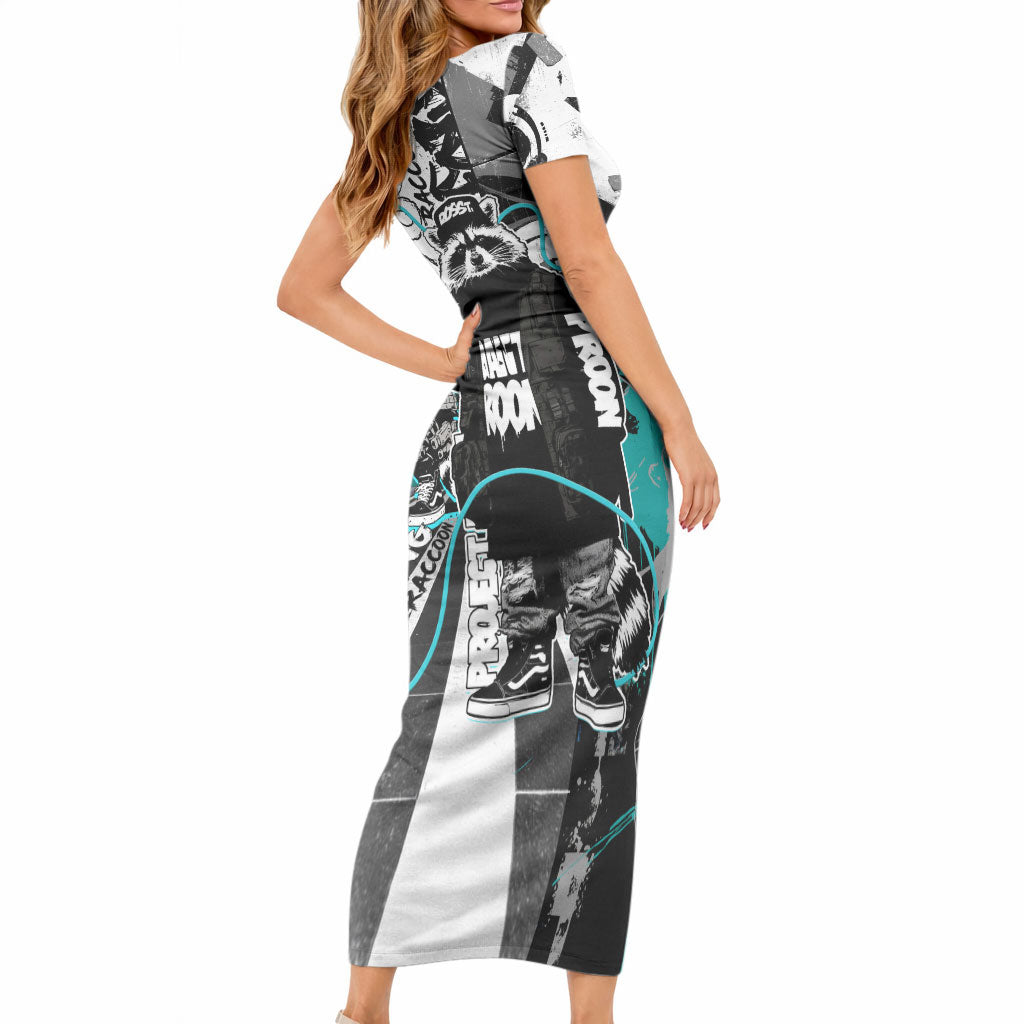 Urban Rebel Raccoon Short Sleeve Bodycon Dress Grunge Graffiti Street Art Abstract Collage Pop Culture