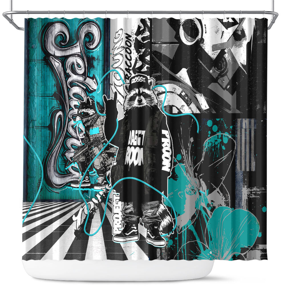 Urban Rebel Raccoon Shower Curtain Grunge Graffiti Street Art Abstract Collage Pop Culture