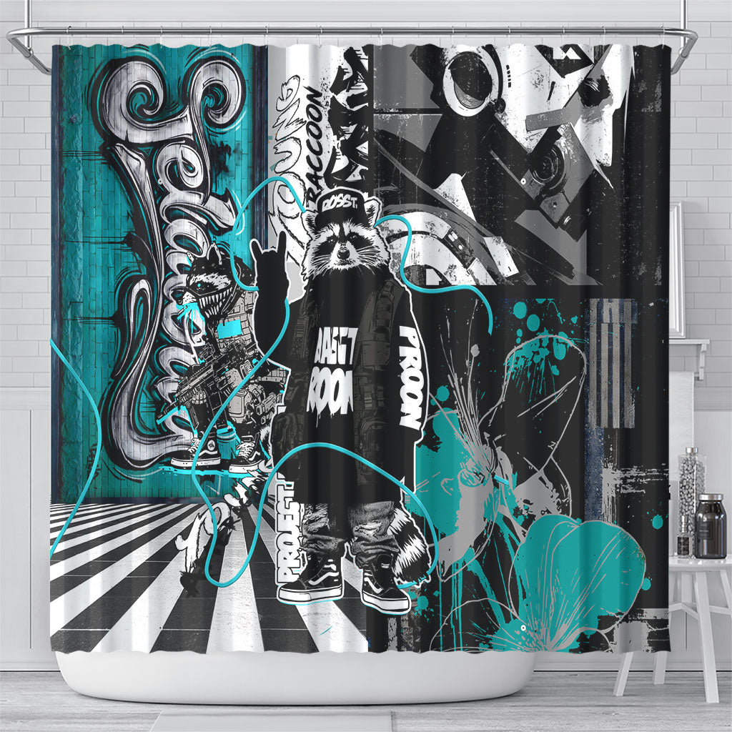 Urban Rebel Raccoon Shower Curtain Grunge Graffiti Street Art Abstract Collage Pop Culture