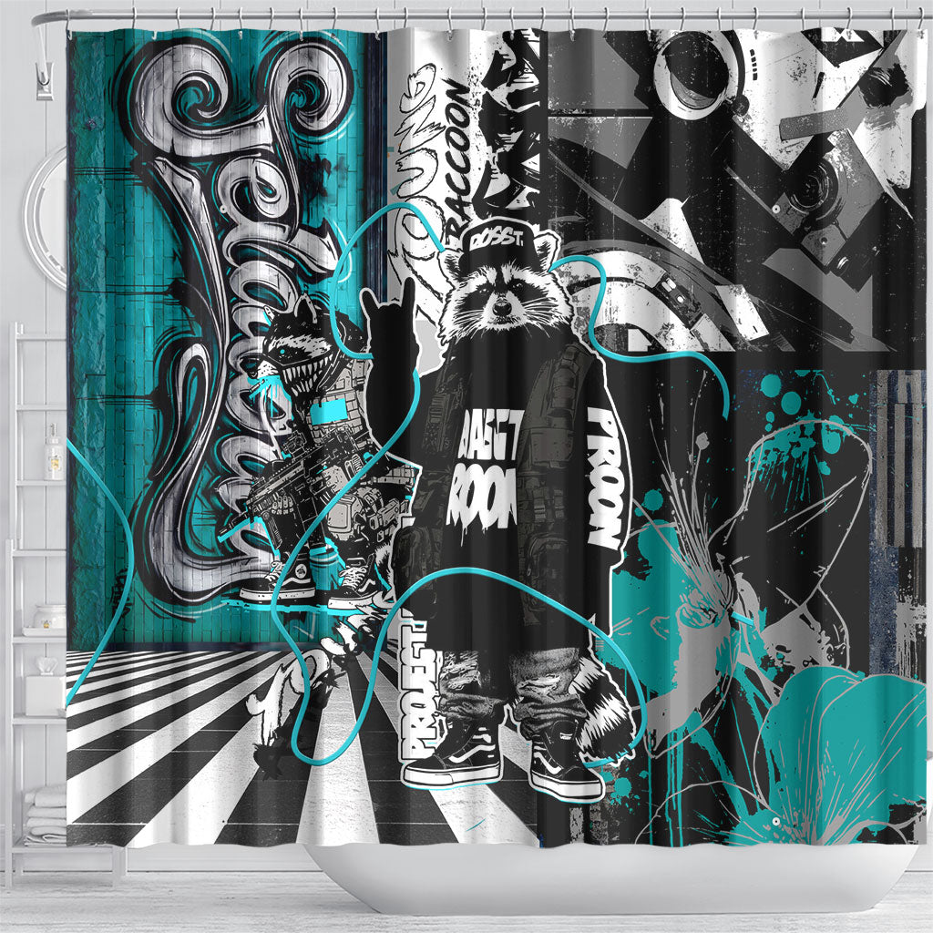 Urban Rebel Raccoon Shower Curtain Grunge Graffiti Street Art Abstract Collage Pop Culture