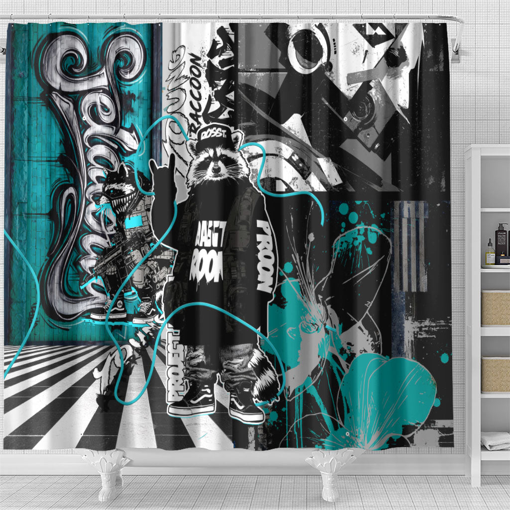 Urban Rebel Raccoon Shower Curtain Grunge Graffiti Street Art Abstract Collage Pop Culture