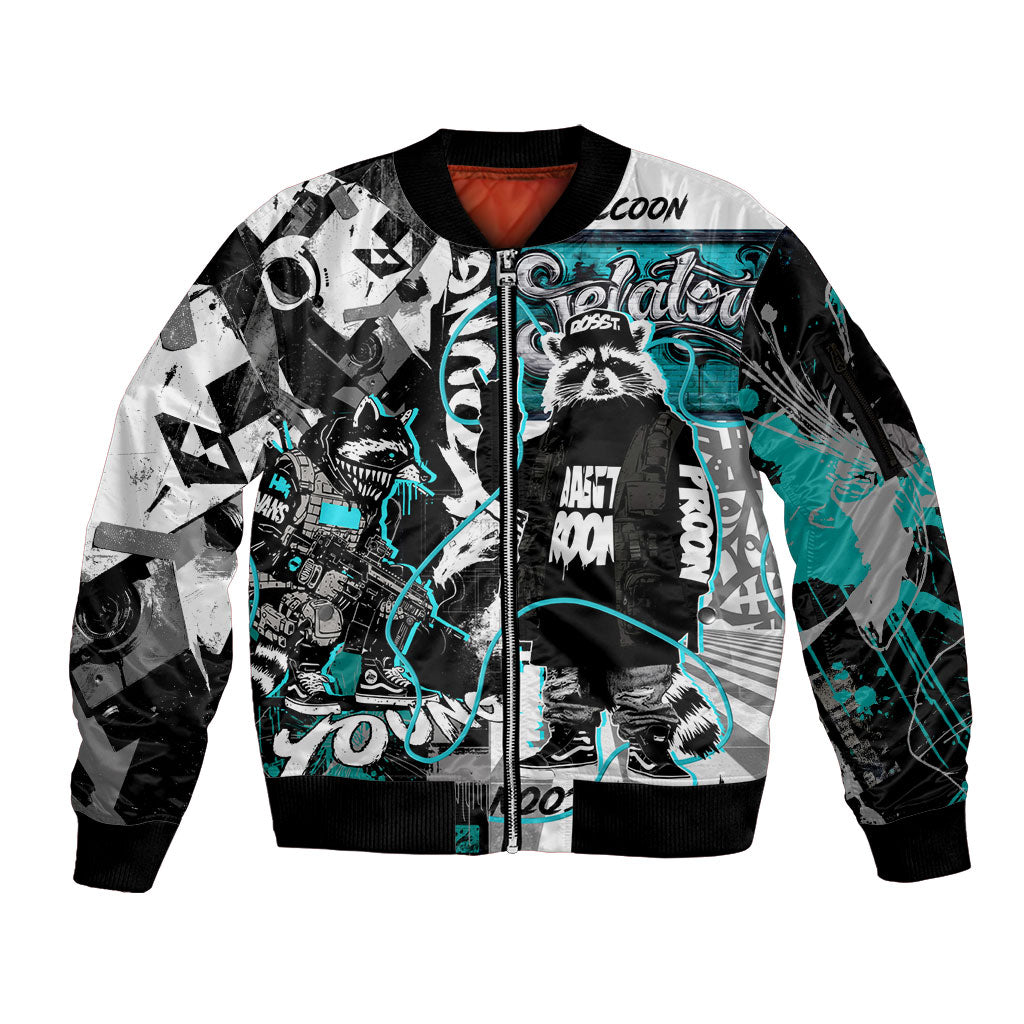 Urban Rebel Raccoon Sleeve Zip Bomber Jacket Grunge Graffiti Street Art Abstract Collage Pop Culture