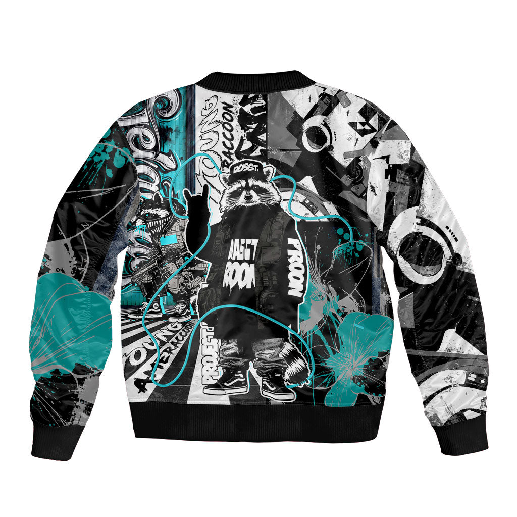 Urban Rebel Raccoon Sleeve Zip Bomber Jacket Grunge Graffiti Street Art Abstract Collage Pop Culture