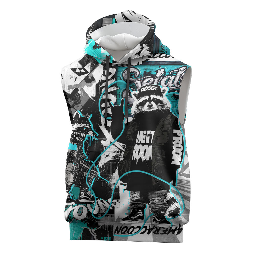 Urban Rebel Raccoon Sleeveless Hoodie Grunge Graffiti Street Art Abstract Collage Pop Culture