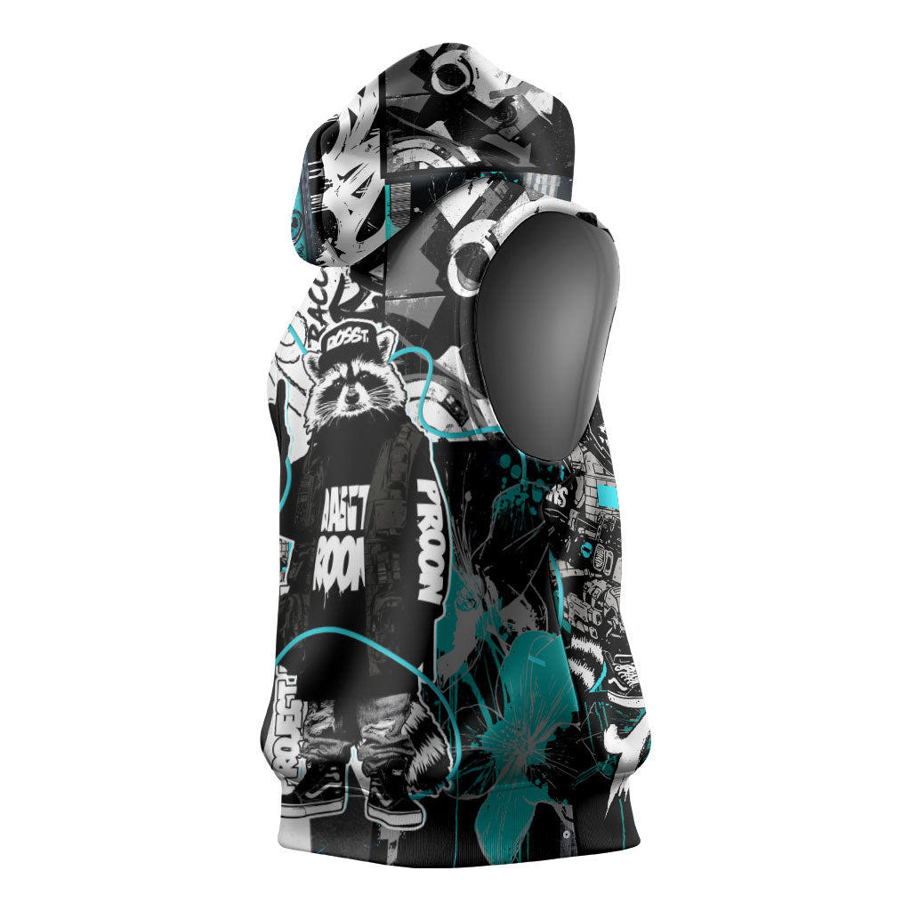 Urban Rebel Raccoon Sleeveless Hoodie Grunge Graffiti Street Art Abstract Collage Pop Culture