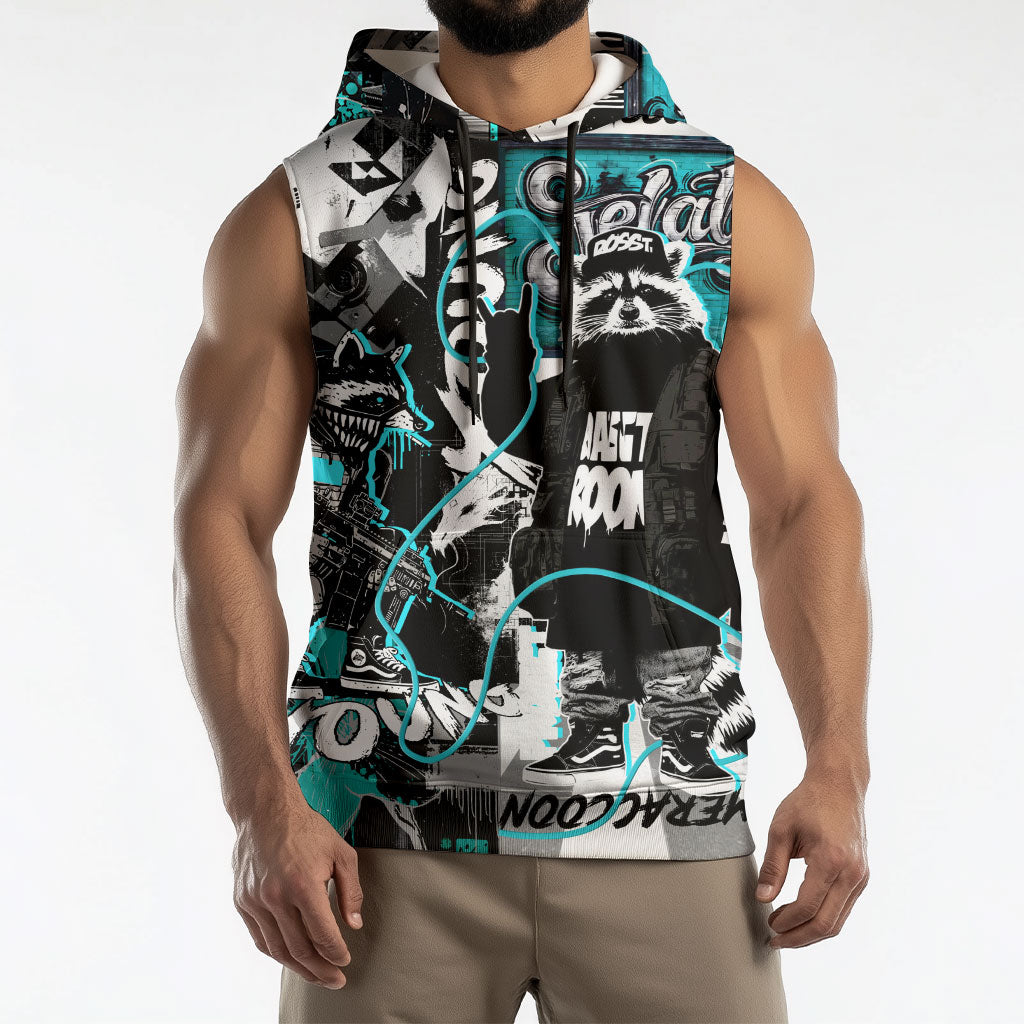 Urban Rebel Raccoon Sleeveless Hoodie Grunge Graffiti Street Art Abstract Collage Pop Culture